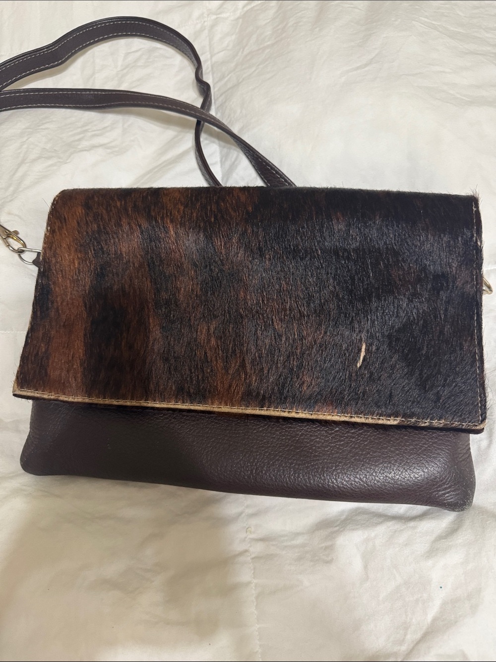 Cowhide Flap Crossbody Bag in Dark Brown some missing parts is leather as shown
